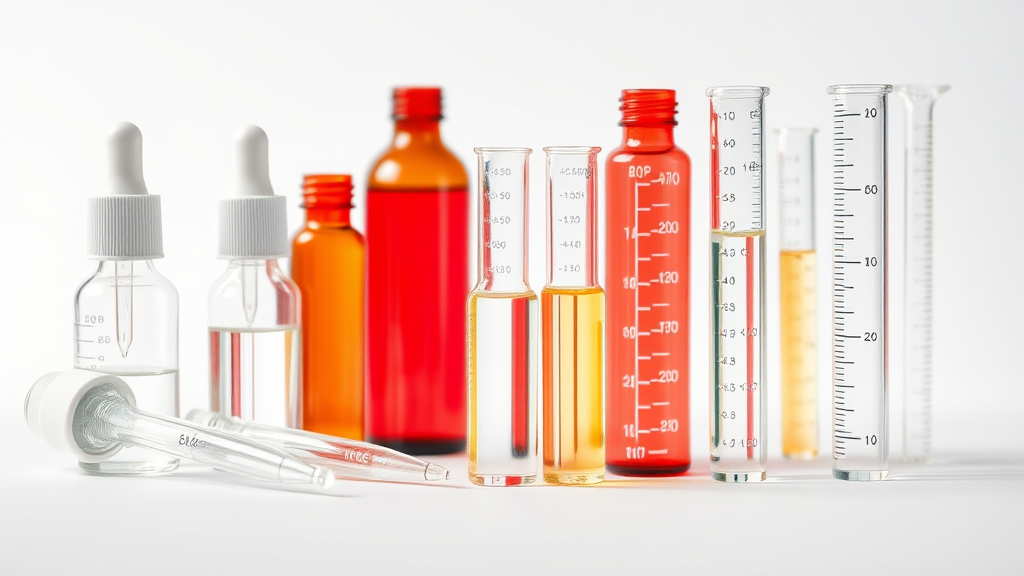 Laboratory measuring tools with glass droppers and graduated cylinders on white background no text no words no letters