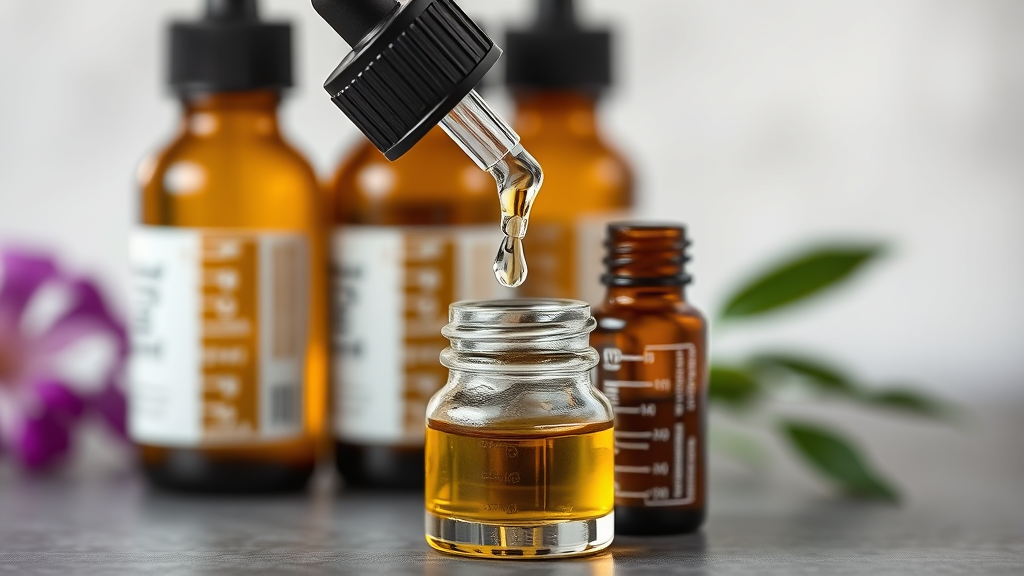 Essential oil bottles with dropper measuring liquid drops into small glass container no text no words no letters