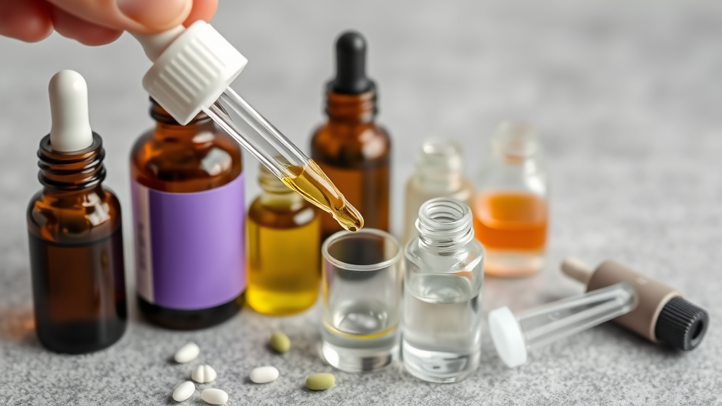 DIY skincare ingredients being precisely measured with various droppers and measuring tools no text no words no letters