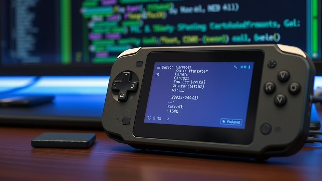 Modern handheld gaming device with SD card and computer setup for firmware modification, no text no words no letters