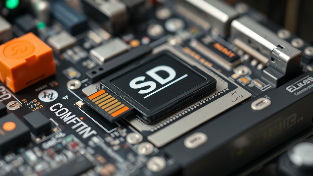 Close-up view of SD card being inserted into computer card reader with technical tools nearby, no text no words no letters