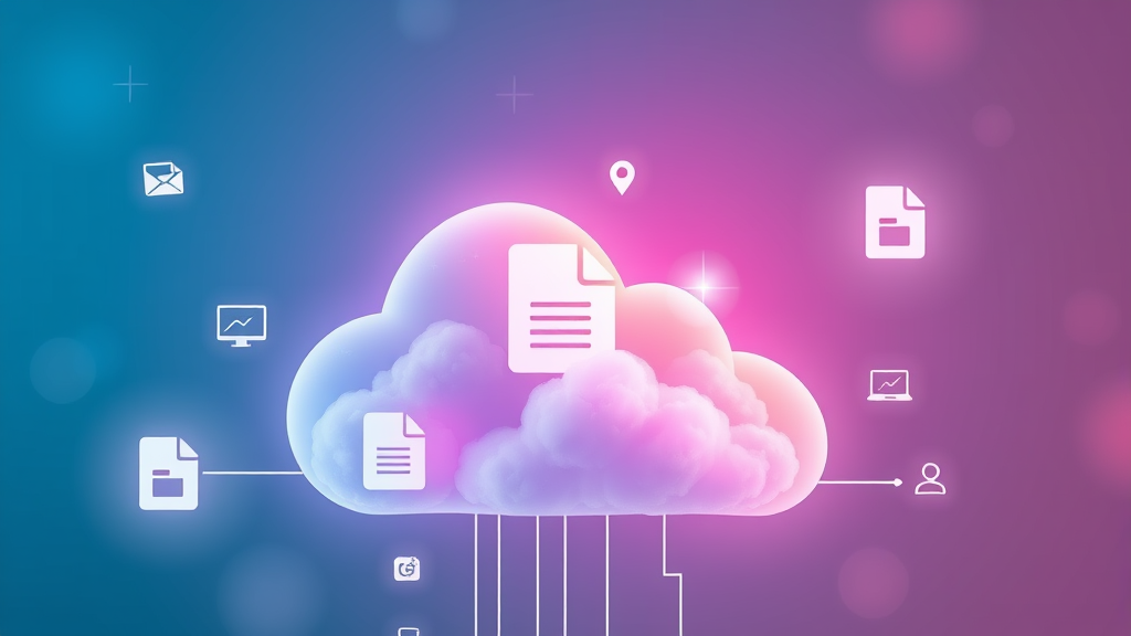 Digital cloud storage concept with floating file icons and backup symbols, no text no words no letters