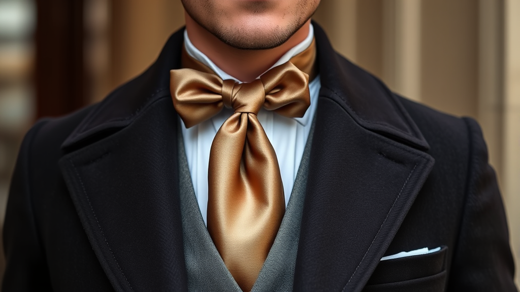 Elegant gentleman wearing silk ascot tie with formal morning coat, sophisticated styling, classic menswear, no text no words no letters