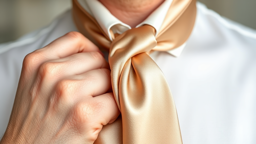 Close up hands tying ascot knot step by step demonstration, silk fabric texture detail, refined technique, no text no words no letters