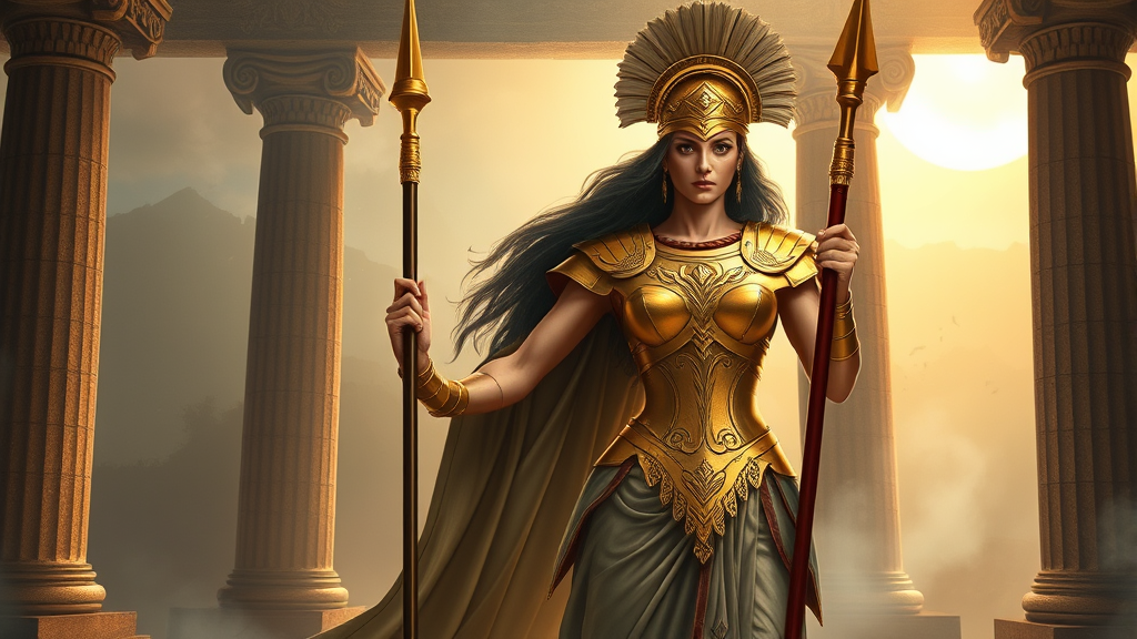 Ancient Greek goddess warrior with golden armor and spear in mystical temple setting no text no words no letters