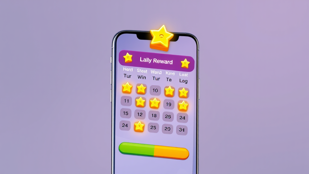 Mobile gaming interface showing daily login calendar with glowing reward icons and progression bars no text no words no letters