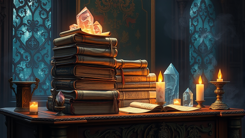 Stacks of magical summoning crystals and scrolls glowing with ethereal light on ornate altar no text no words no letters