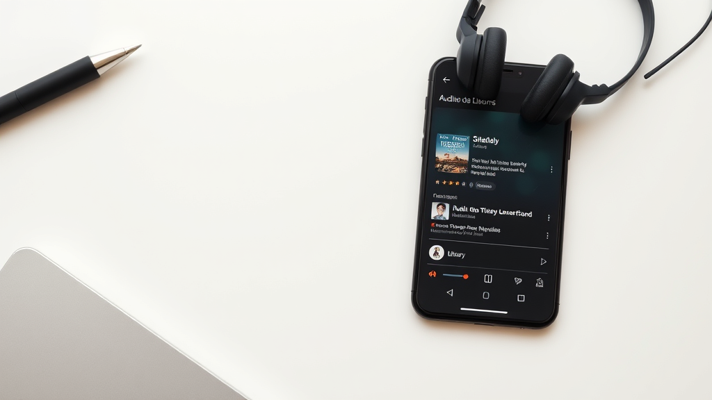 Modern smartphone displaying audiobook library interface with headphones nearby on clean desk, no text no words no letters