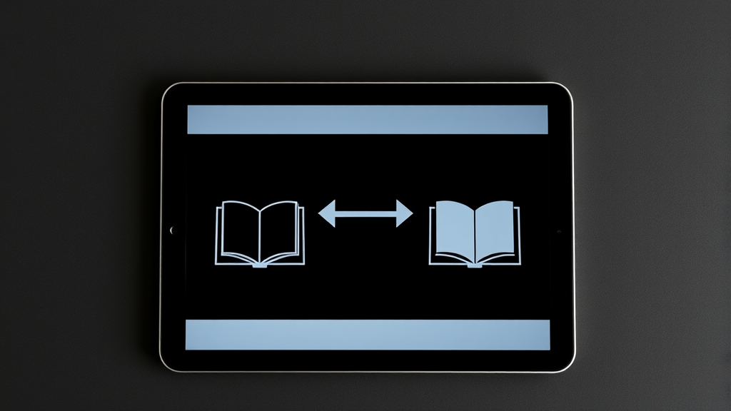 Digital tablet showing book exchange process with arrows indicating swap functionality, minimalist tech aesthetic, no text no words no letters