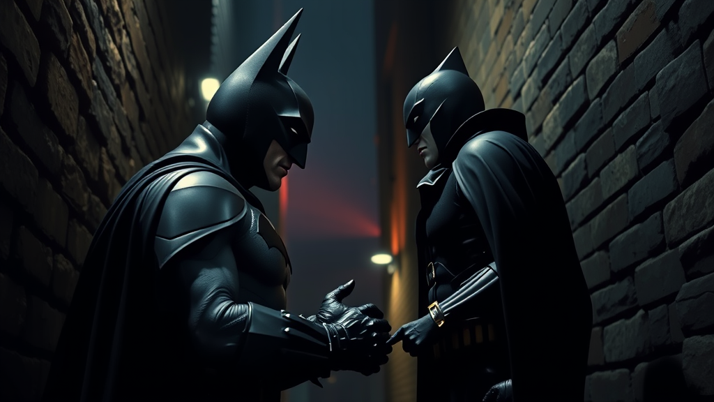 Batman confronting Penguin in dark Gotham alley with dramatic lighting no text no words no letters