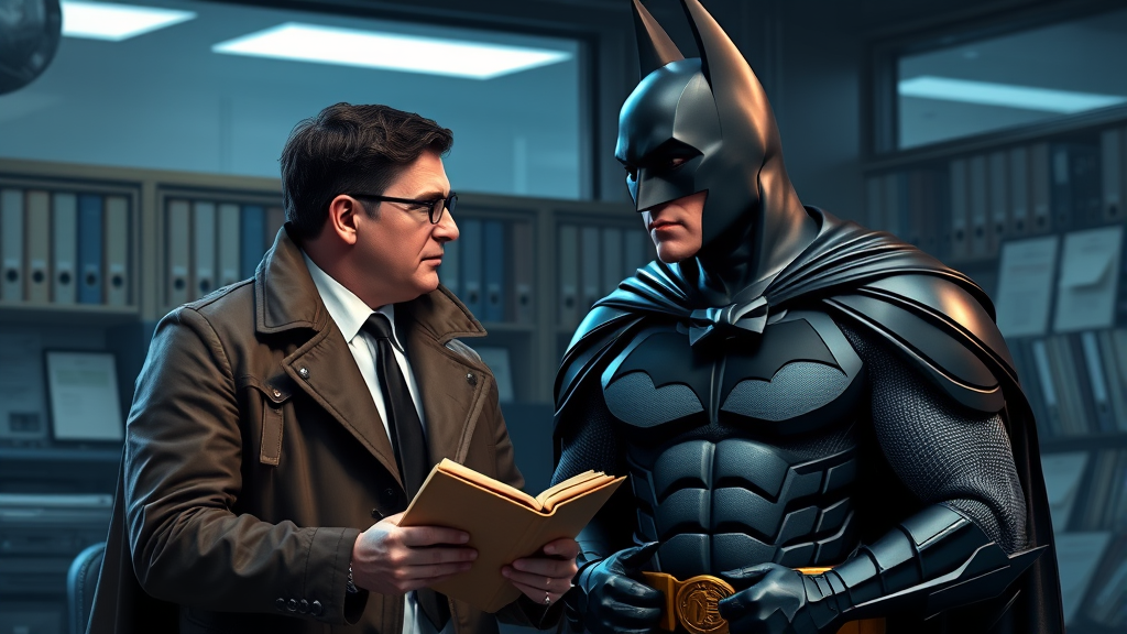 Detective Jim Gordon and Batman in police station discussing case files no text no words no letters