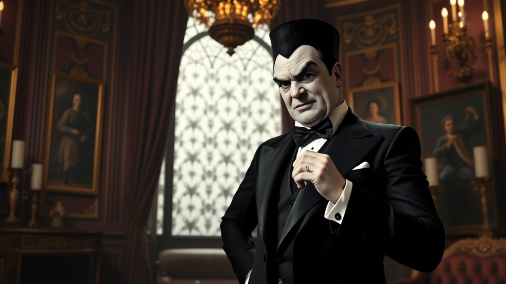 Oswald Cobblepot in elegant suit gesturing dramatically in ornate room no text no words no letters