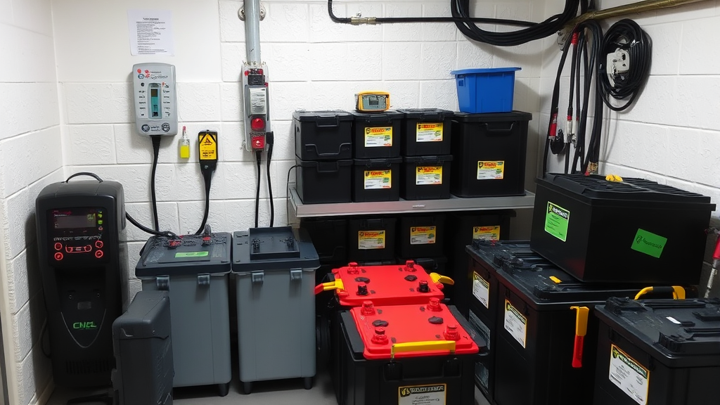 Temperature controlled battery storage area with organized charging setup, safety equipment visible, clean environment, no text no words no letters