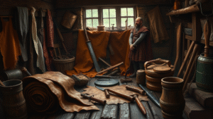 Medieval fantasy leather crafting scene with various animal hides and tools, no text no words no letters
