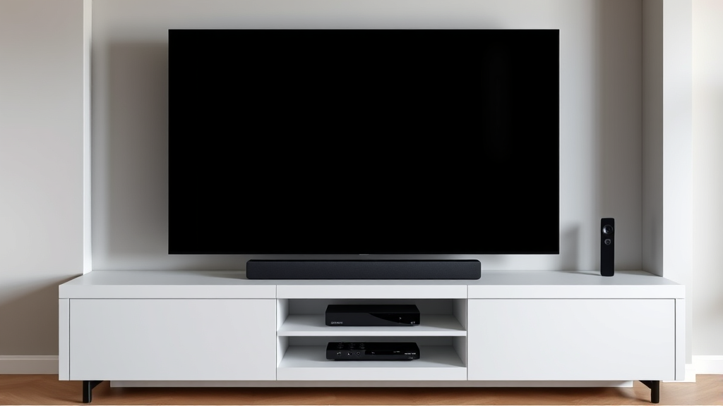 Modern home theater setup with large screen TV, soundbar, streaming devices on entertainment center, no text, no words, no letters