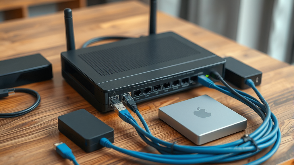 High-speed internet router with ethernet cables and streaming devices arranged on wooden table, no text, no words, no letters