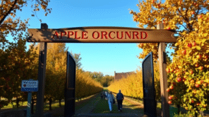 Apple orchard entrance with welcome sign and visitors walking through gates, autumn trees and blue sky background, no text no words no letters