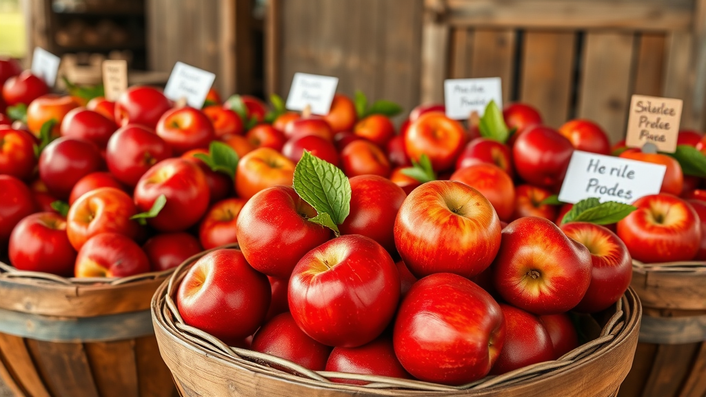 Fresh red apples in wooden baskets with promotional tags, rustic farm setting with barn background, no text no words no letters
