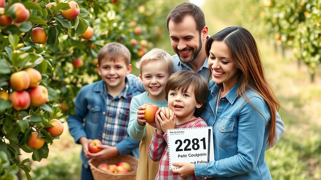 Family enjoying apple picking activities with discount coupon visible, happy children and parents in orchard setting, no text no words no letters