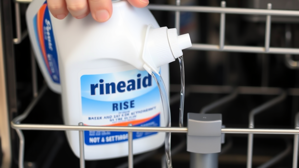 Close-up of rinse aid being poured into dishwasher dispenser compartment, no text no words no letters