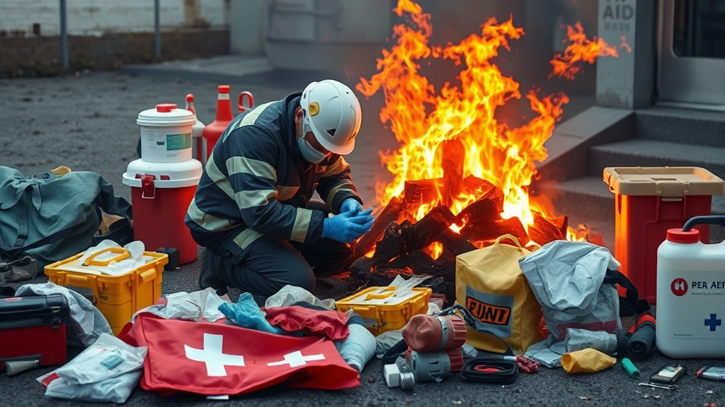 Emergency first aid burn treatment scene with medical supplies and safety equipment no text no words no letters