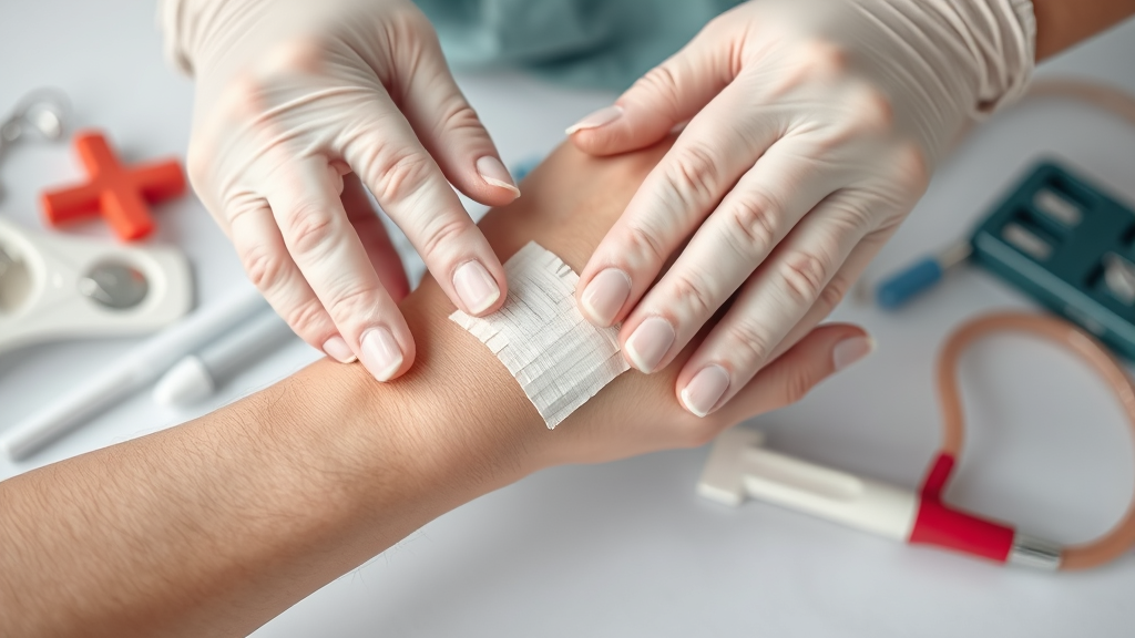 Close up hands applying sterile bandage to burn injury with medical care supplies no text no words no letters