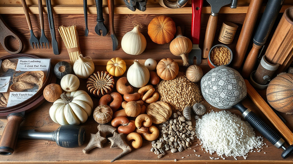 Various charalabush materials displayed on wooden workbench with tools, no text no words no letters