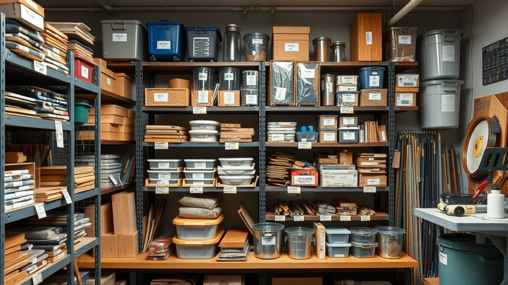 Organized storage area with labeled charalabush materials on shelves, workshop setting, no text no words no letters