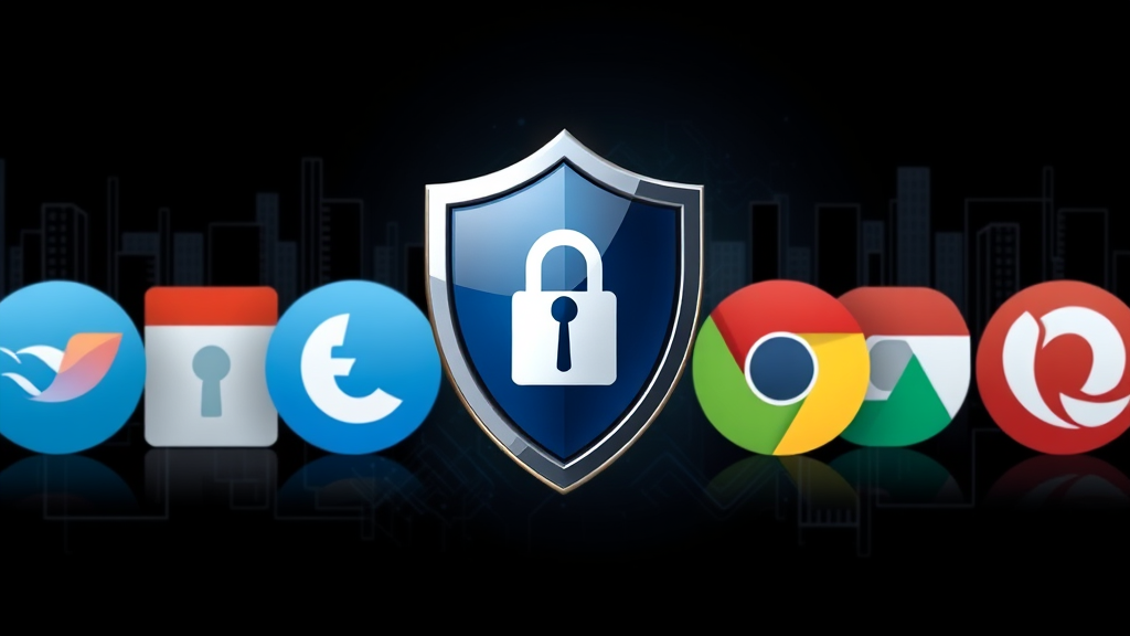 Security shield icon overlaying browser extension icons representing safe installation practices, no text no words no letters