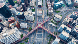 Detailed aerial view of modern city with organized bus routes and public transportation infrastructure, no text no words no letters