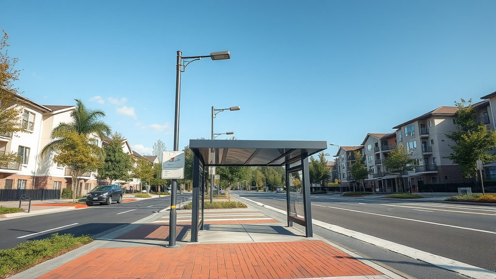 Close-up of efficient bus stop placement near residential buildings with clear pedestrian pathways and urban planning elements, no text no words no letters