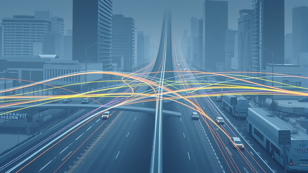 Strategic transportation network diagram showing interconnected bus lines and traffic optimization in urban environment, no text no words no letters