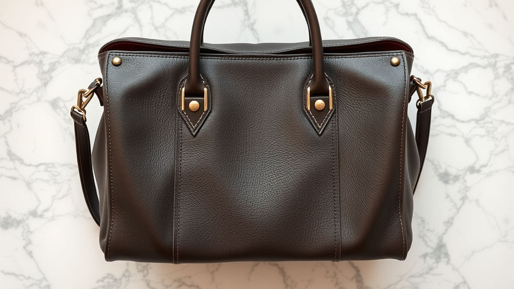 Luxury leather handbag with metal hardware and stitching details on marble surface no text no words no letters