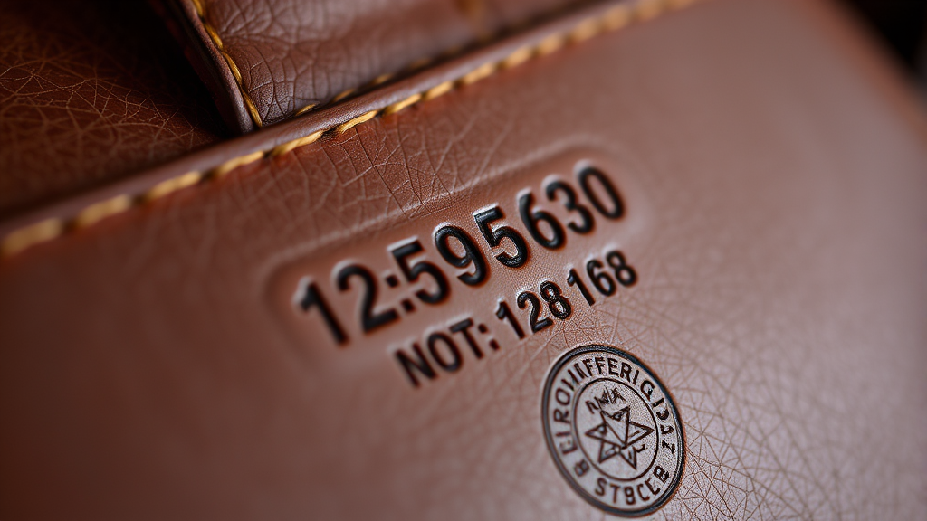 Close up view of leather bag serial number stamp and date code marking no text no words no letters