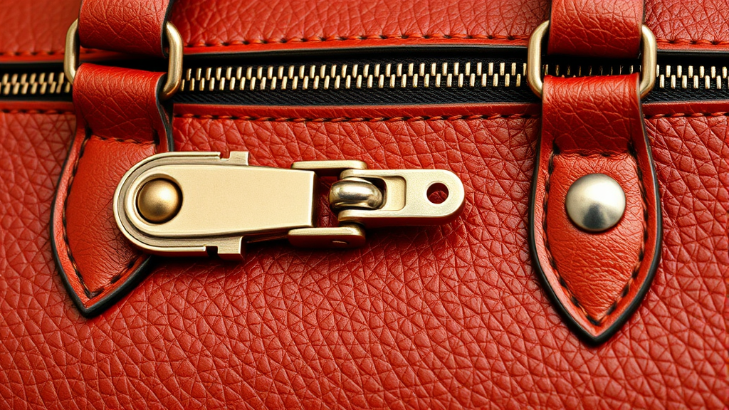 High quality metal zipper pull and buckle hardware on premium leather handbag no text no words no letters