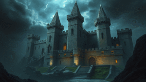 Ancient stone fortress with mysterious towers and hidden passages under dramatic lighting no text no words no letters