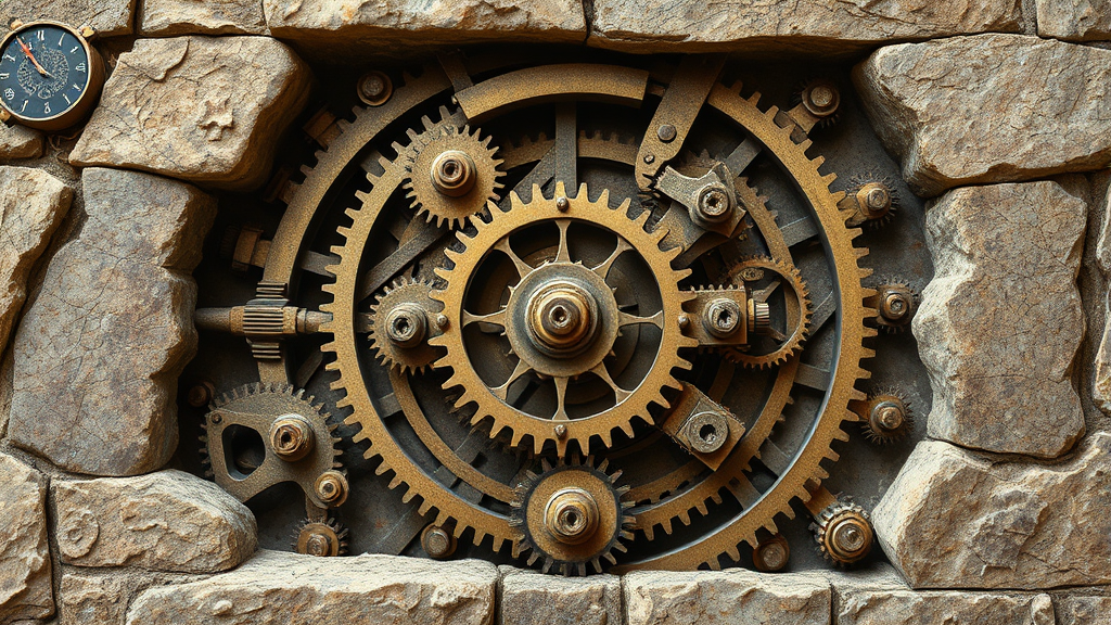 Intricate mechanical puzzle mechanism with gears and levers in medieval stone setting no text no words no letters