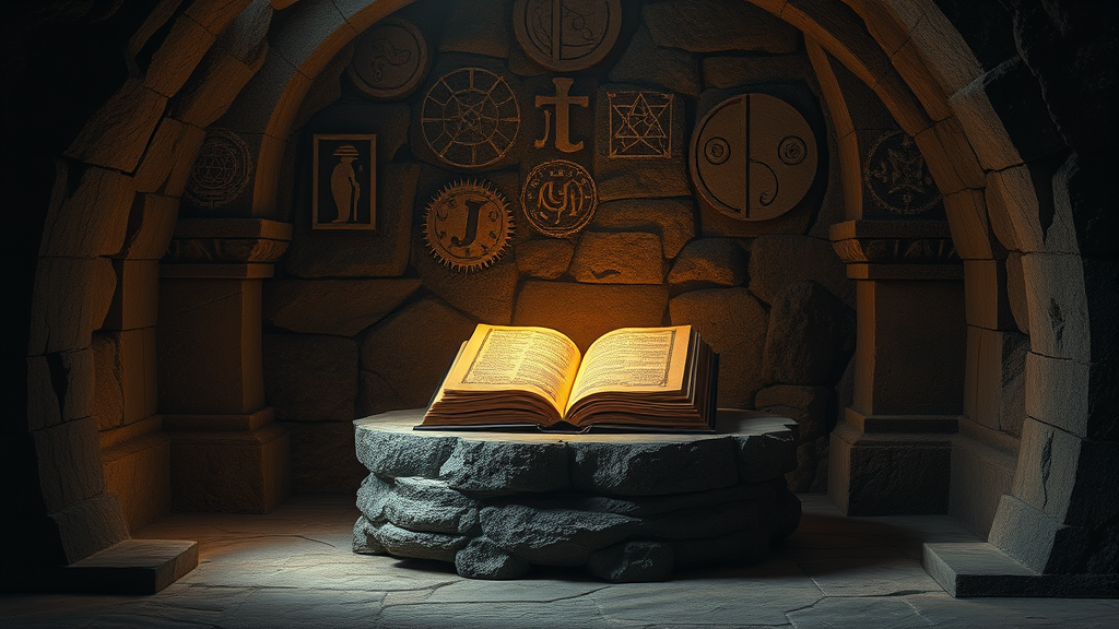 Hidden chamber with ancient book glowing on stone pedestal surrounded by mysterious symbols no text no words no letters