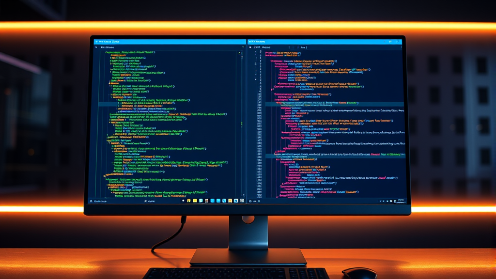 Modern computer screen displaying colorful API data flow diagrams and code interfaces no text no words no letters