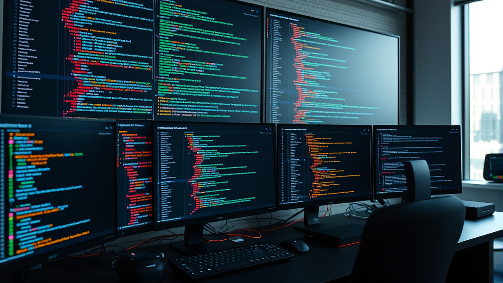 Developer workspace with multiple monitors showing JSON data structures and API response codes no text no words no letters