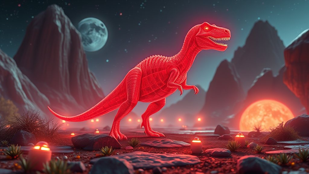 Red dinosaur digital creature in futuristic virtual landscape with glowing elements, no text, no words, no letters