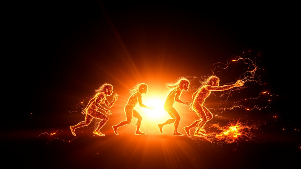 Evolution transformation sequence with bright light and energy effects, no text, no words, no letters