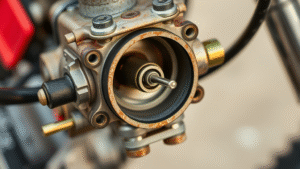 Dirt bike carburetor with needle assembly exposed showing internal components no text no words no letters