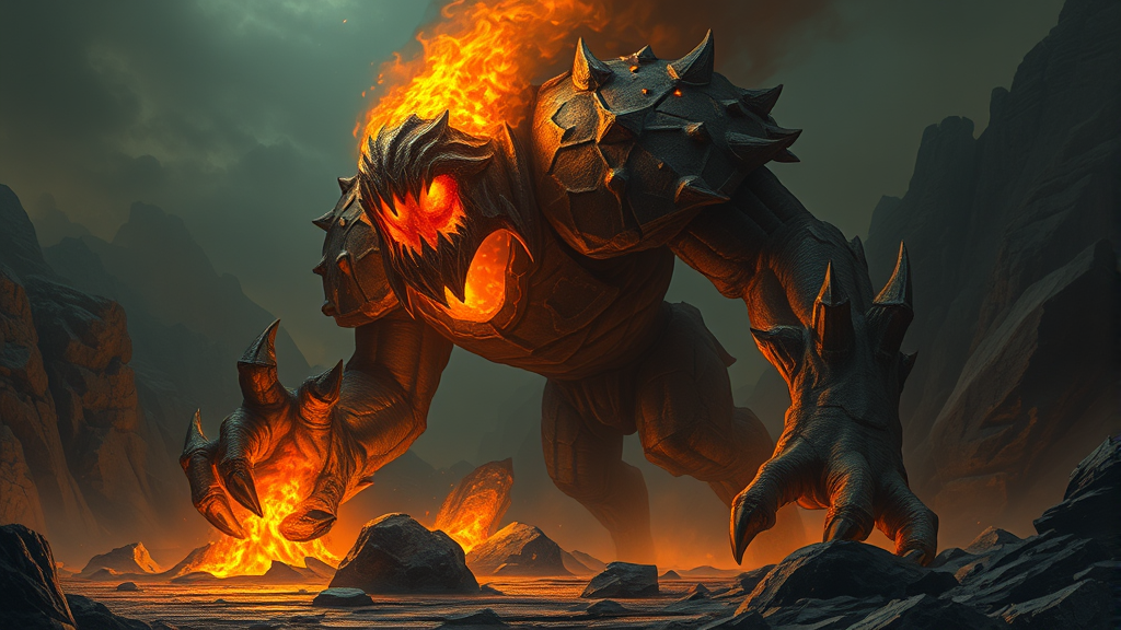 Massive stone golem with glowing furnace chest breathing fire in dark fantasy landscape no text no words no letters