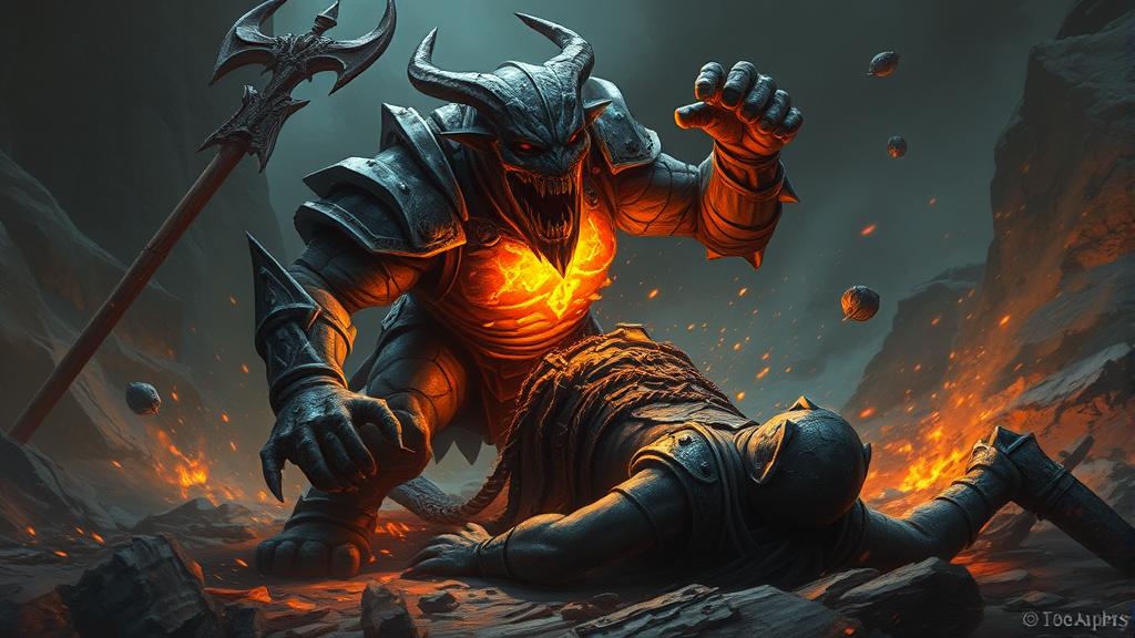 Fallen golem with exposed glowing chest cavity being attacked by warrior no text no words no letters