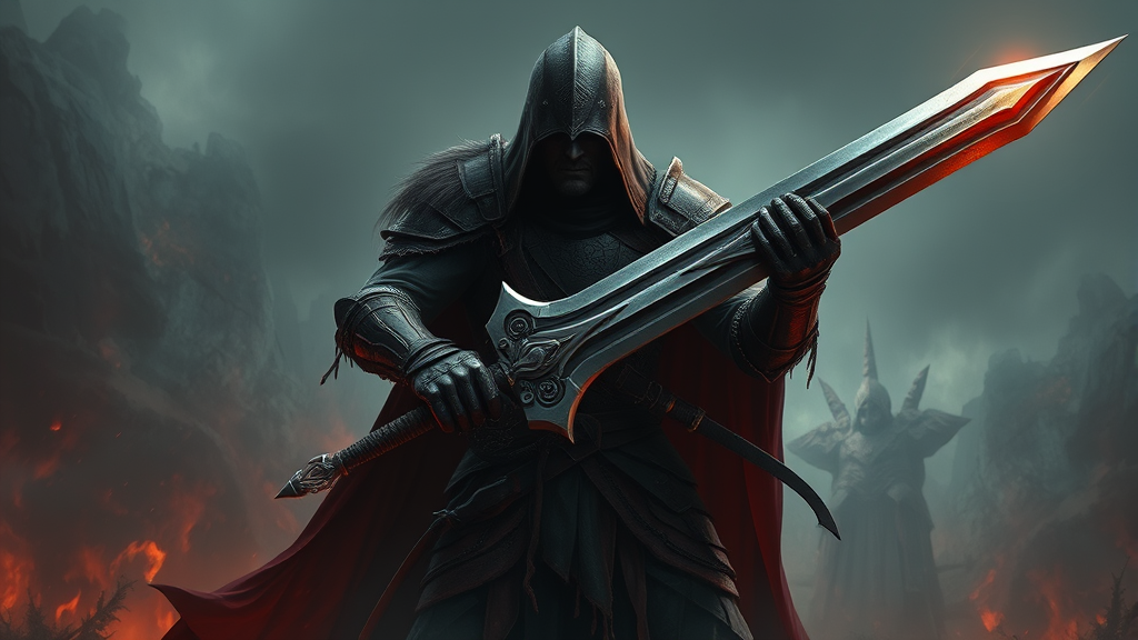 Dark fantasy warrior gripping massive sword with both hands in mystical landscape no text no words no letters