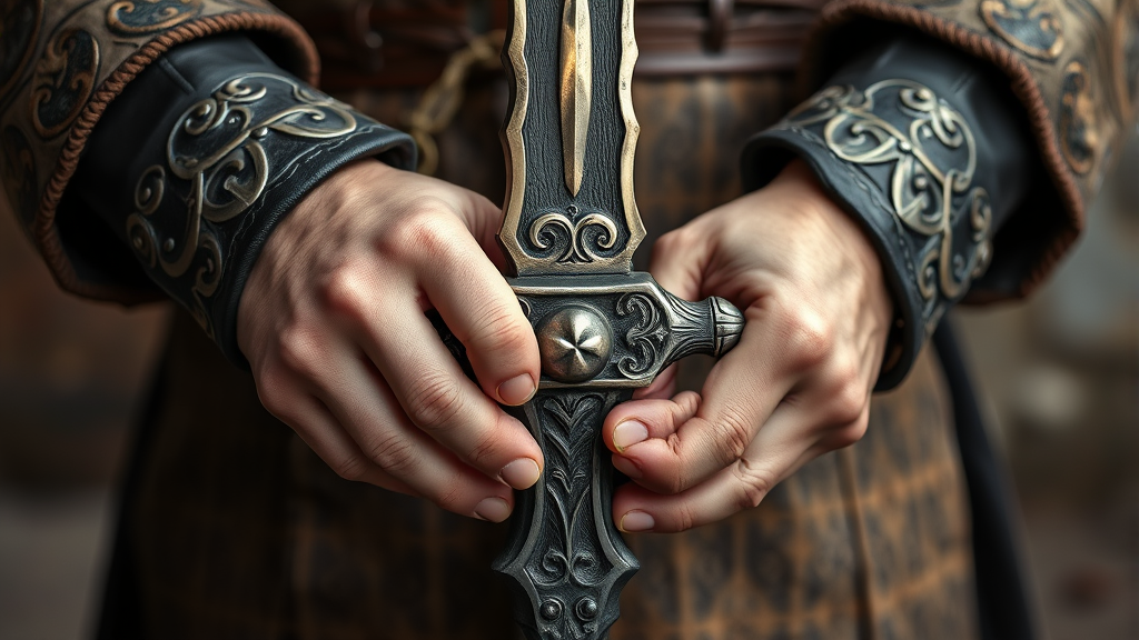 Close up hands holding ornate medieval weapon showing proper two handed grip technique no text no words no letters