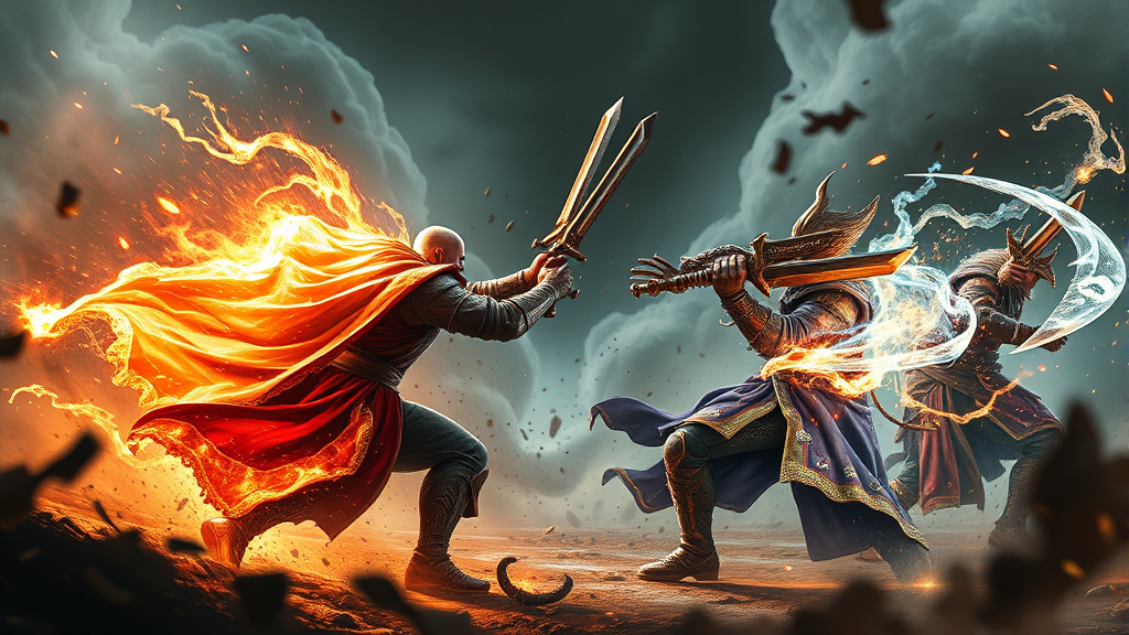 Epic battle scene showing powerful two handed weapon attack with magical effects no text no words no letters