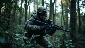 Tactical military operator moving stealthily through dense forest environment, camouflage gear, natural lighting, no text no words no letters