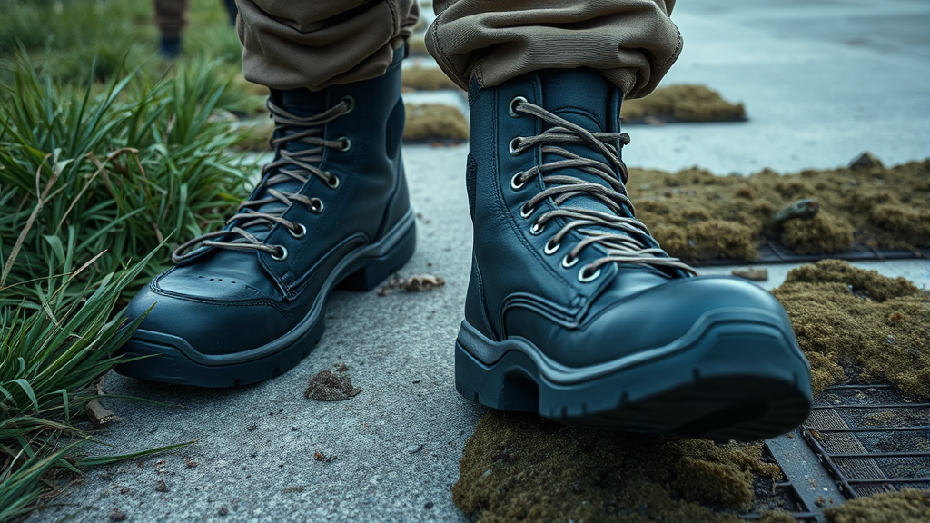 Close-up combat boots on various terrain surfaces grass concrete metal, stealth movement demonstration, detailed textures, no text no words no letters